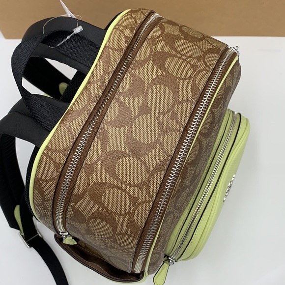 COACH NWT COURT BACKPACK IN SIGNATURE CANVAS KHAKI PALE LIME COLOR - Picture 12 of 16